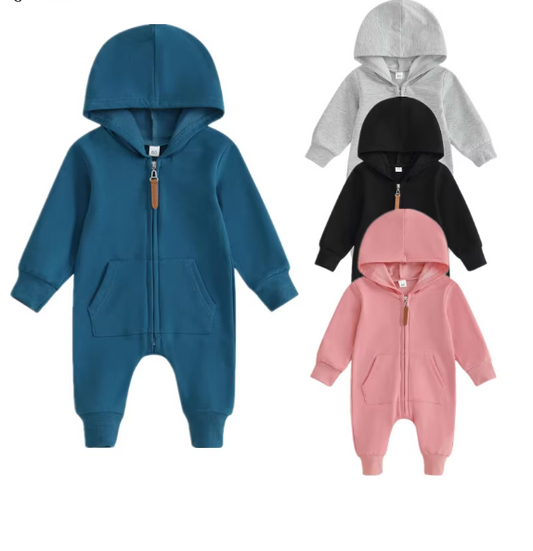 Hooded Romper Solid Color Zipper Jumpsuit