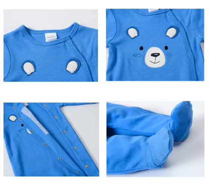 Spring Baby Clothing Cotton Blue Bear Print Romper Newborn Overalls Pajamas