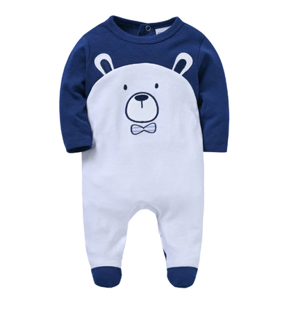 Spring Baby Clothing Cotton Blue Bear Print Romper Newborn Overalls Pajamas