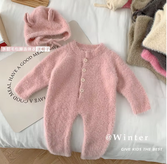 Winter New Kids Infant Unisex Solid Color Mink Fur Onesie