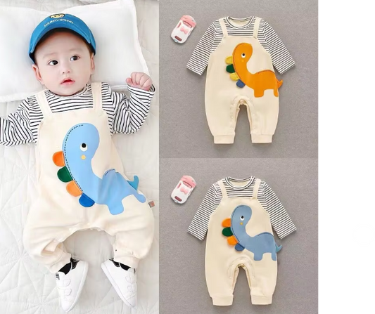 Newborn Infant Boys False 2 Pcs Stripe Patchwork Cartoon Dinosaur Romper