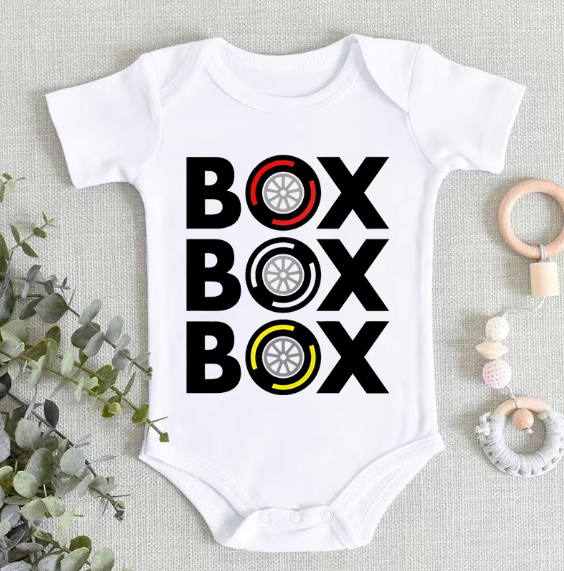 "Box Box Box" F1 Tyre Compound Design Newborn Short Sleeve Bodysuit