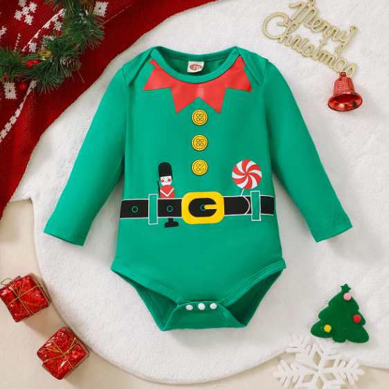 Green Christmas Elf Costume Print Long sleeved Bodysuit