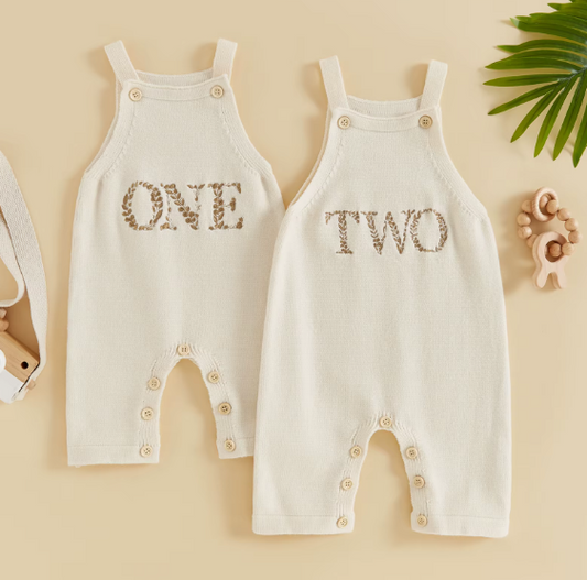 Knitted Romper With  "One Two" Embroidery