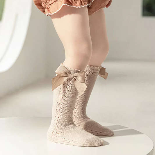 Cotton Mesh Breathable Girls High Socks With Bow