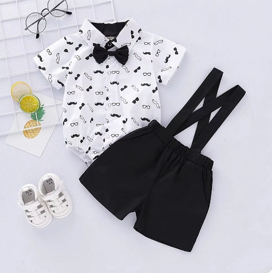 2PCS Summer Boys Short Sleeve Bodysuit with Bow + Suspender Shorts