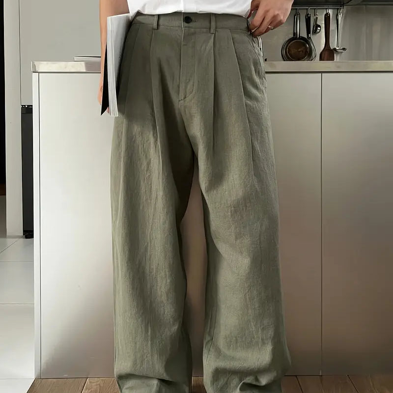 Spraykis | Men's Linen Straight-Leg Pants – Loose Fit, Solid Color, All-Season Comfort with Pockets
