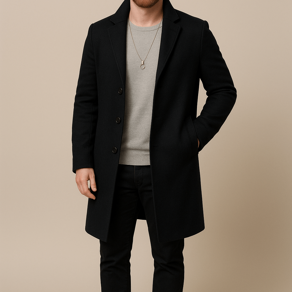 Men’s Premium Wool-Blend Overcoat – Classic Black Smart Winter Coat