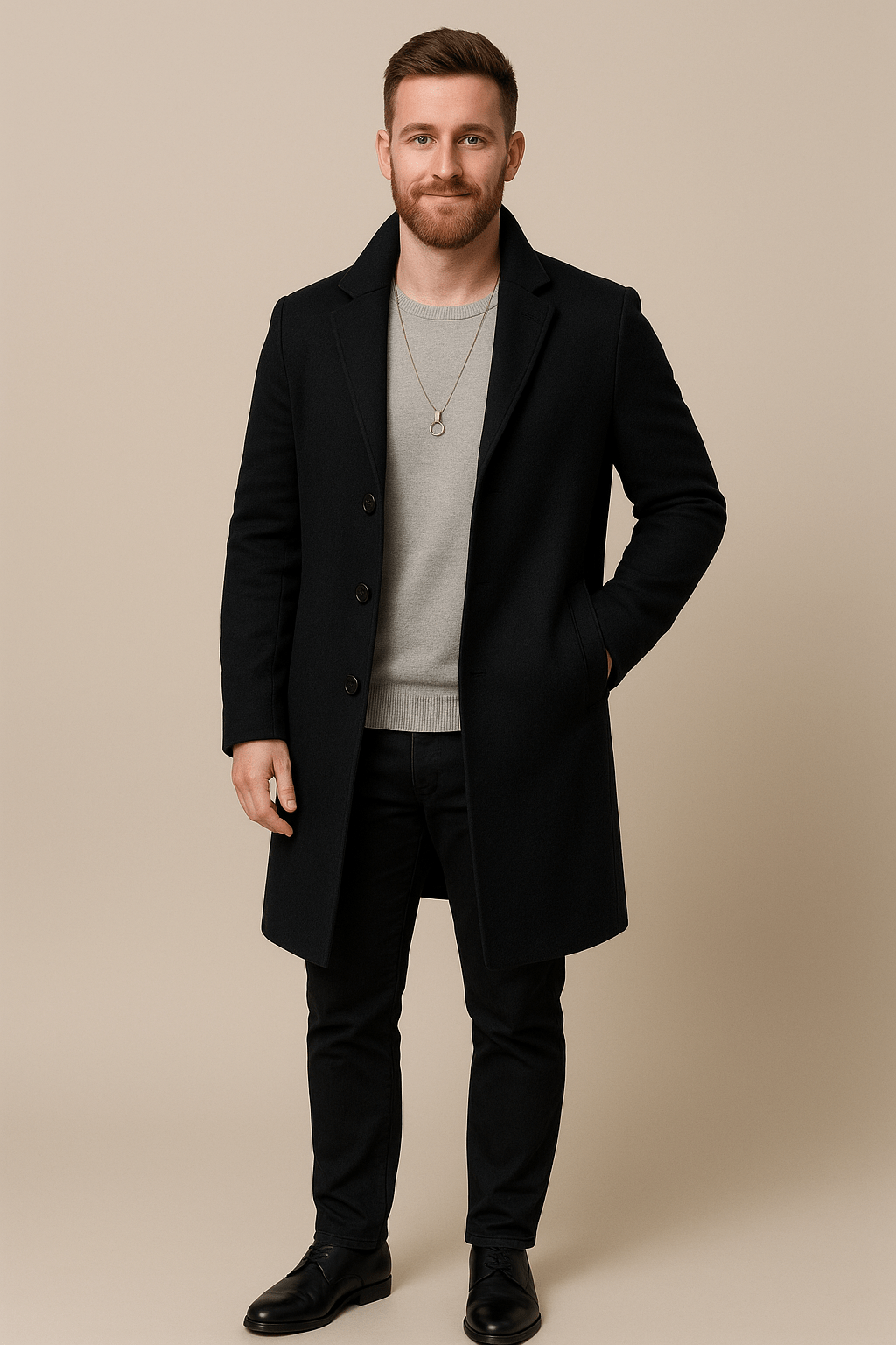 Men’s Premium Wool-Blend Overcoat – Classic Black Smart Winter Coat