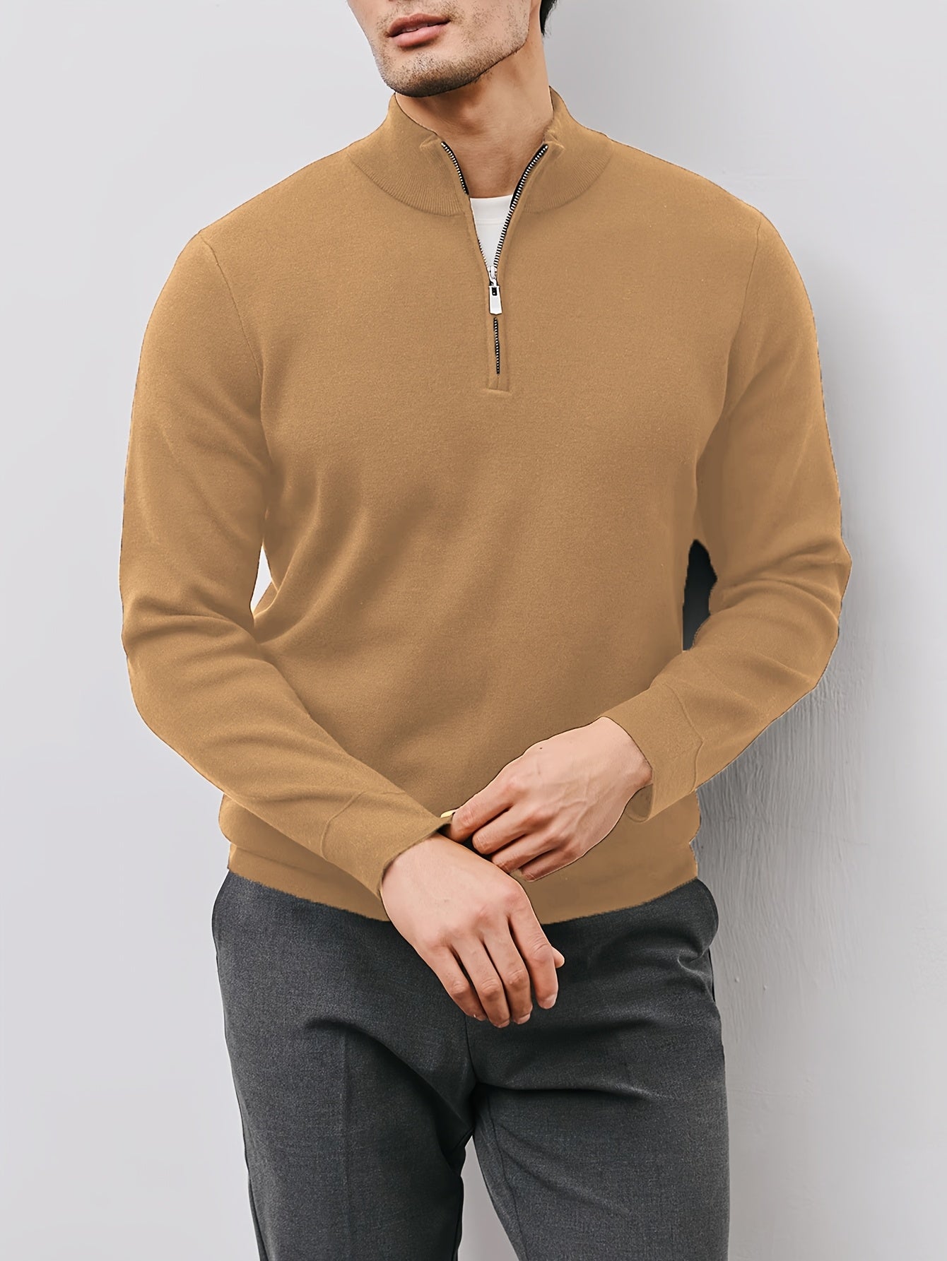 Men’s Burgundy High-Neck Zip-Up Sweater Jacket – Warm Knit Pullover