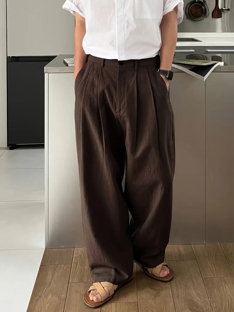 Spraykis | Men's Linen Straight-Leg Pants – Loose Fit, Solid Color, All-Season Comfort with Pockets