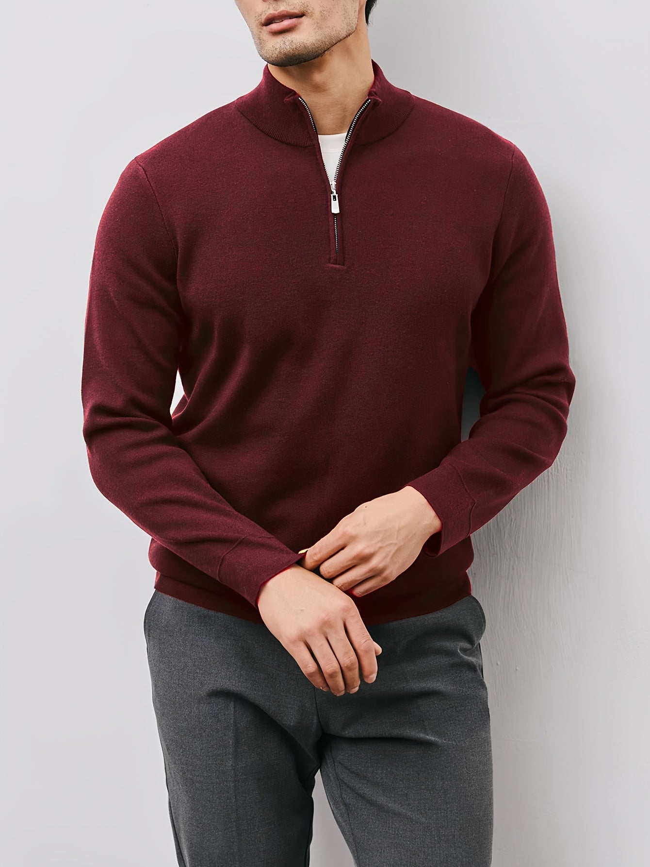 Men’s Burgundy High-Neck Zip-Up Sweater Jacket – Warm Knit Pullover