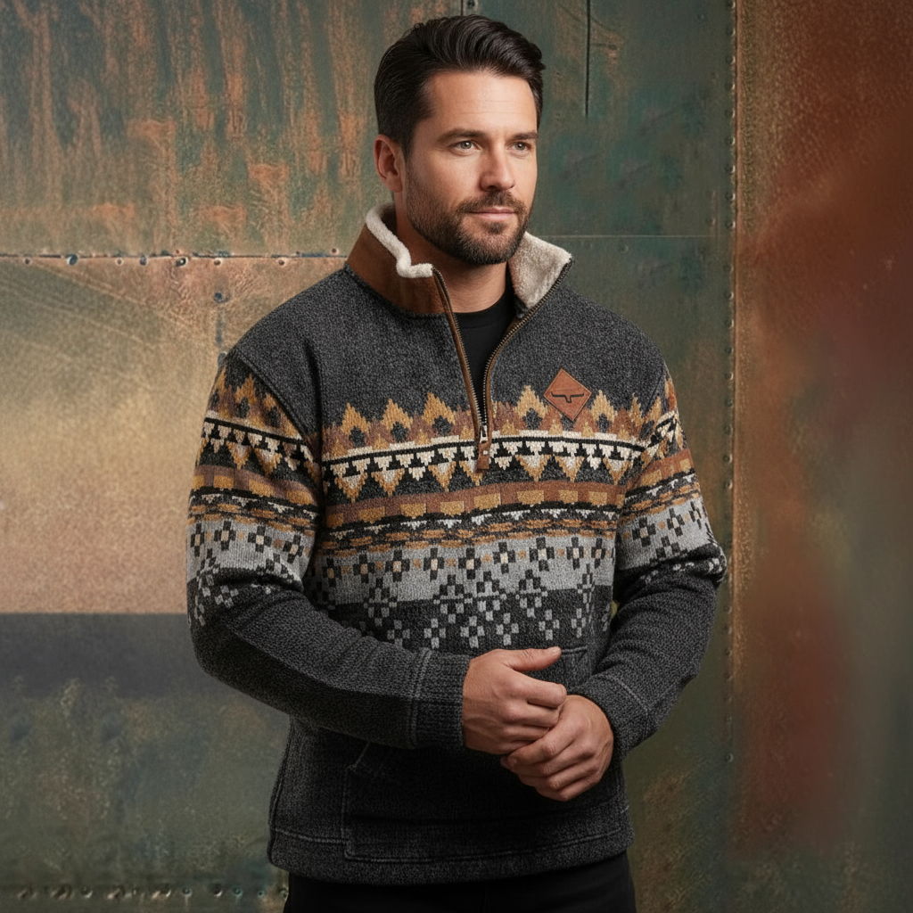 Demi-Zip Men Western Sweater – Comfortable Half-Zip Knit for Everyday Wear