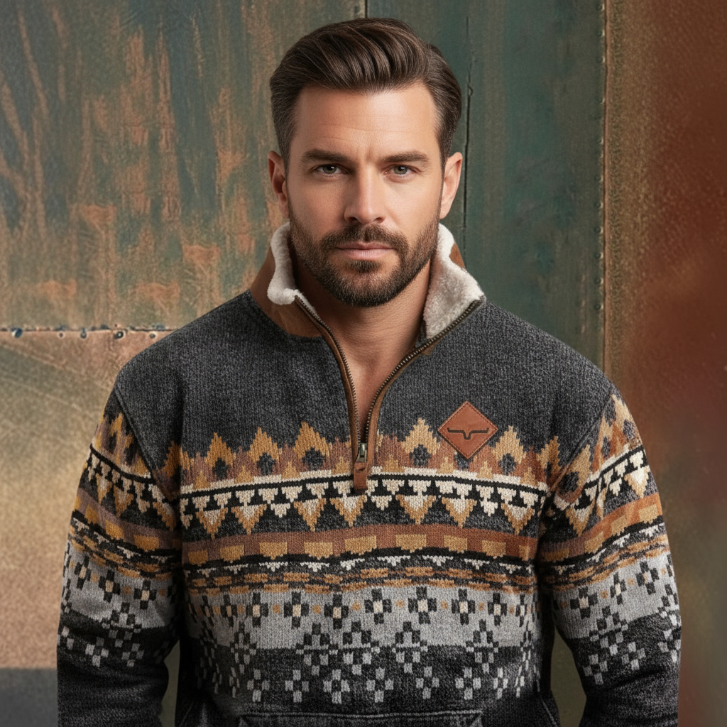 Demi-Zip Men Western Sweater – Comfortable Half-Zip Knit for Everyday Wear