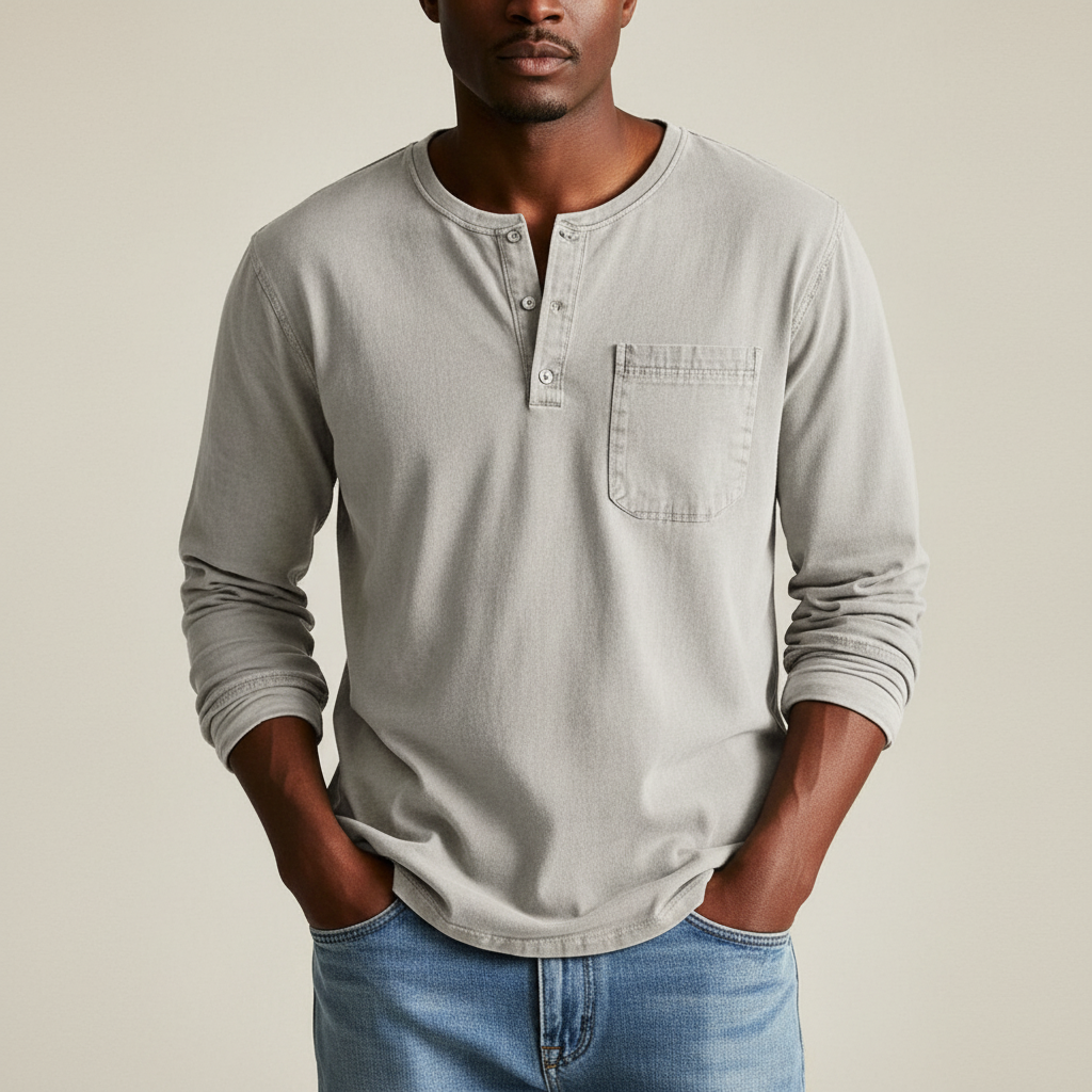 Men’s Long-Sleeve Henley Shirt – Soft Casual Knit with Polo Button Placket