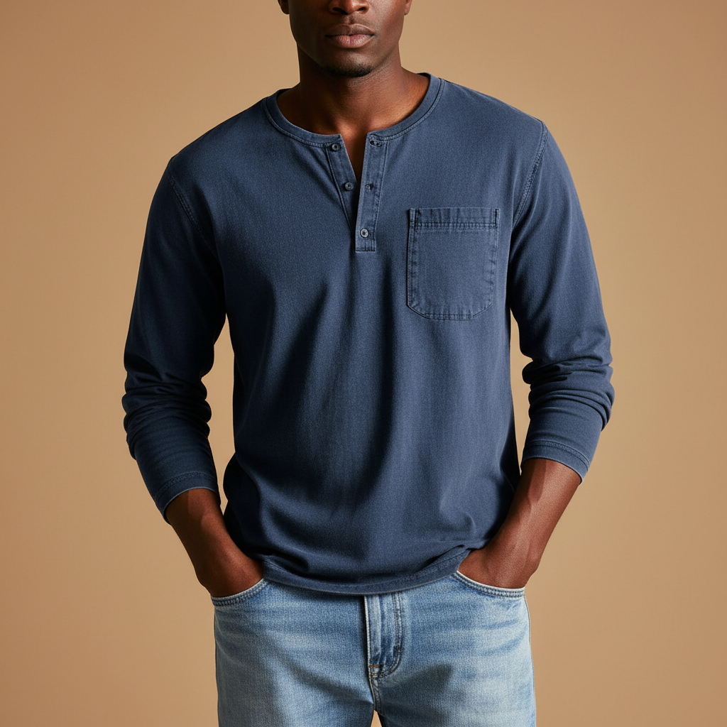 Men’s Long-Sleeve Henley Shirt – Soft Casual Knit with Polo Button Placket