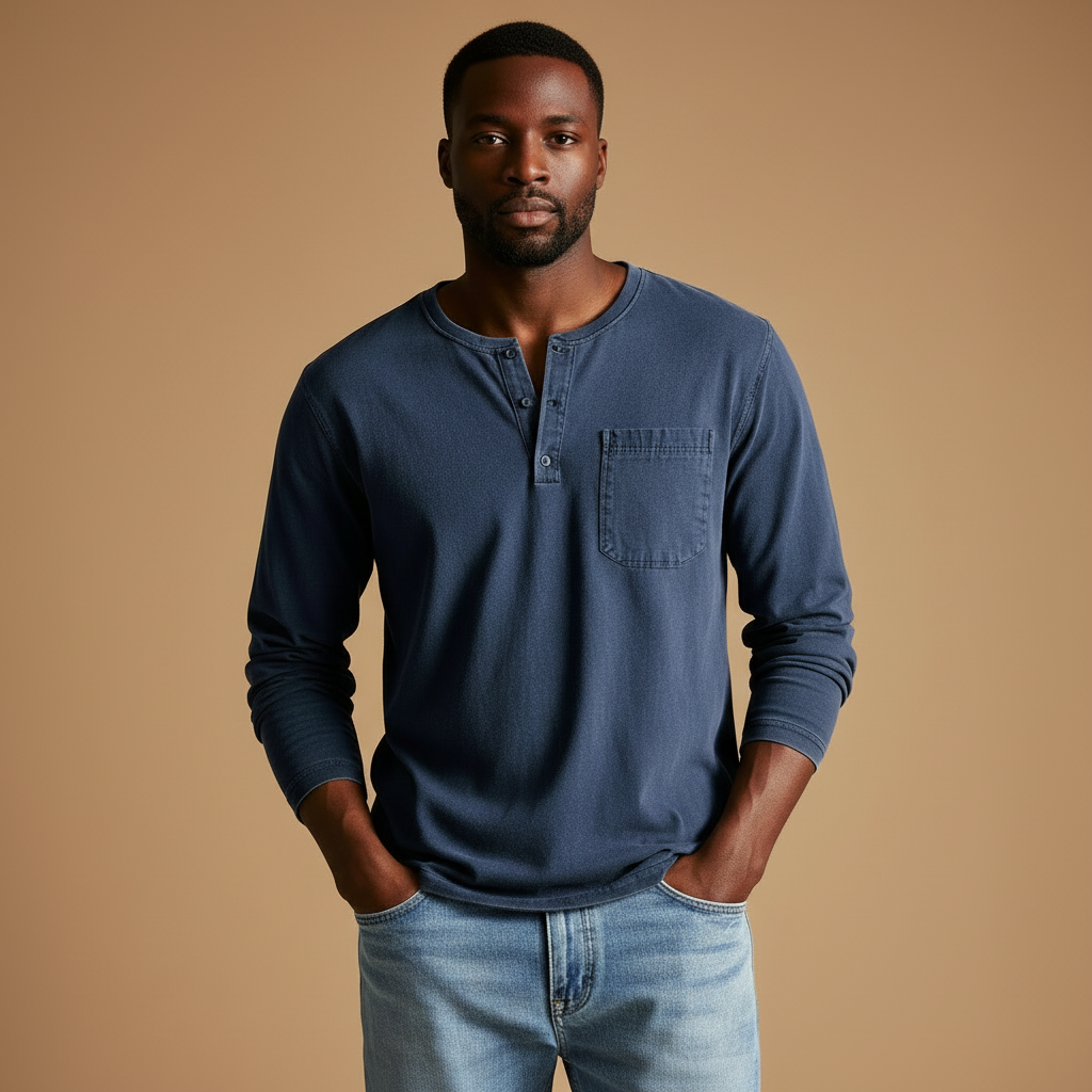Men’s Long-Sleeve Henley Shirt – Soft Casual Knit with Polo Button Placket
