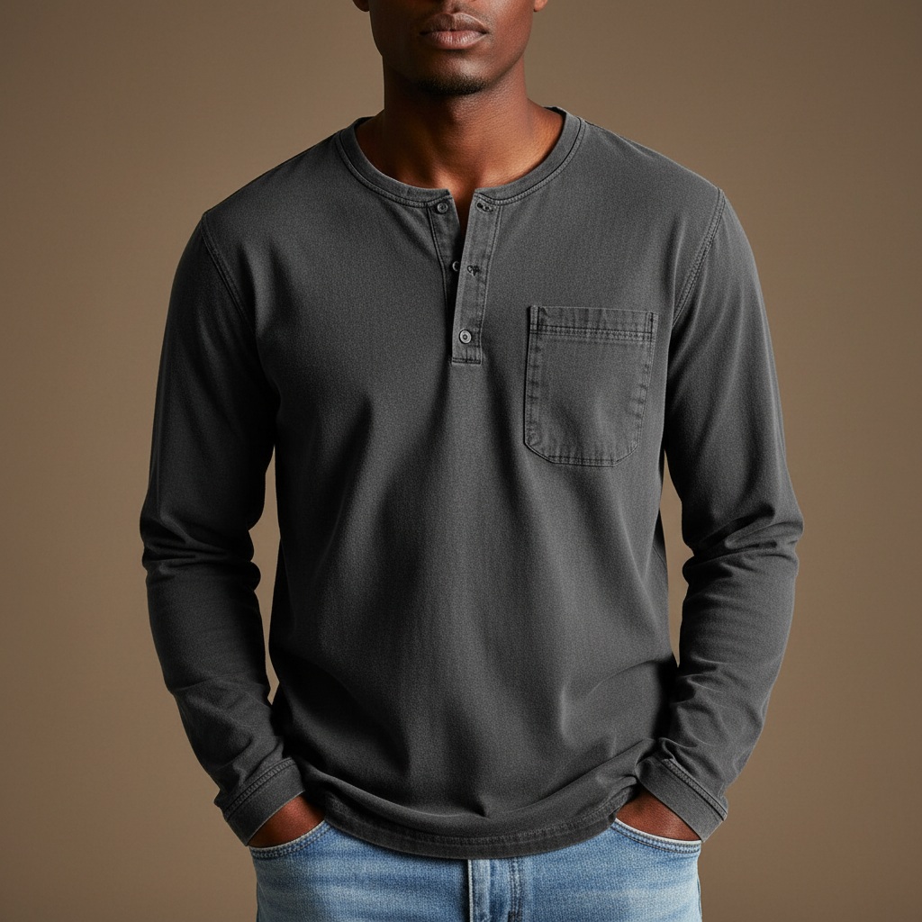 Men’s Long-Sleeve Henley Shirt – Soft Casual Knit with Polo Button Placket
