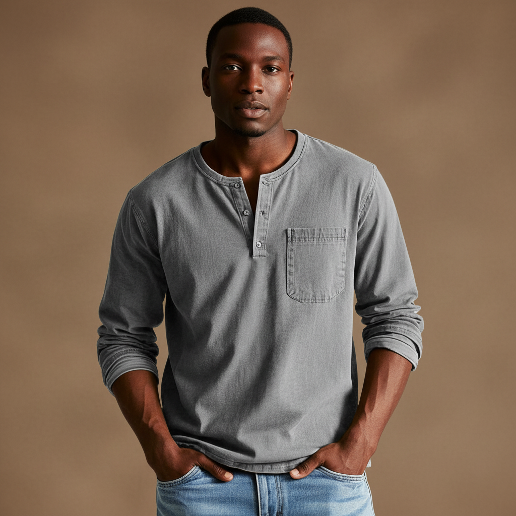 Men’s Long-Sleeve Henley Shirt – Soft Casual Knit with Polo Button Placket