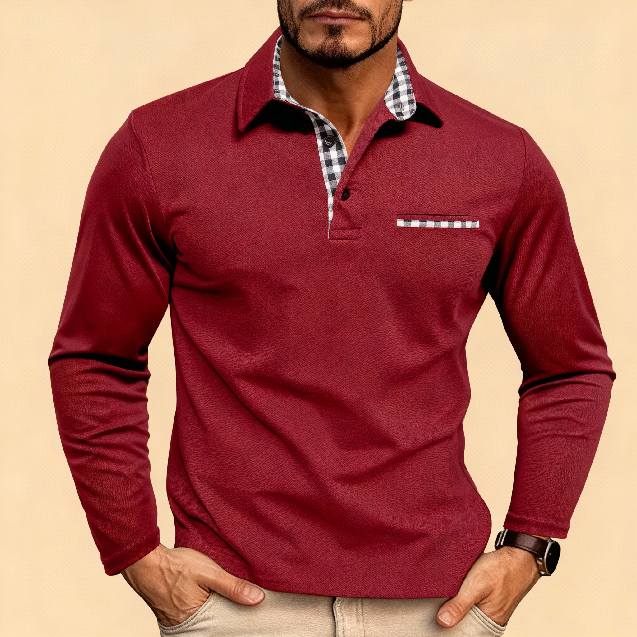 Men’s Long-Sleeve Polo Shirt – Smart Collar with Check Detail | Timeless Casual Elegance