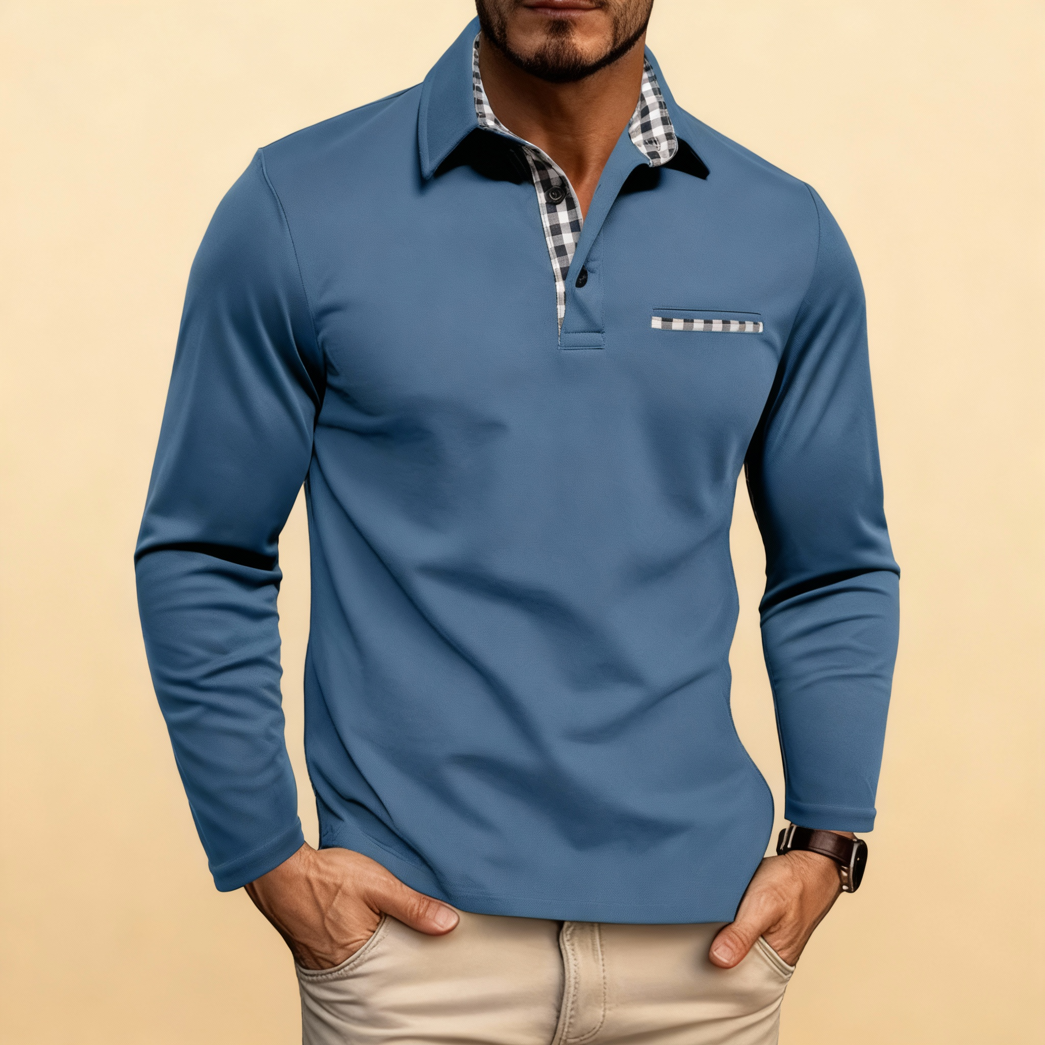 Men’s Long-Sleeve Polo Shirt – Smart Collar with Check Detail | Timeless Casual Elegance