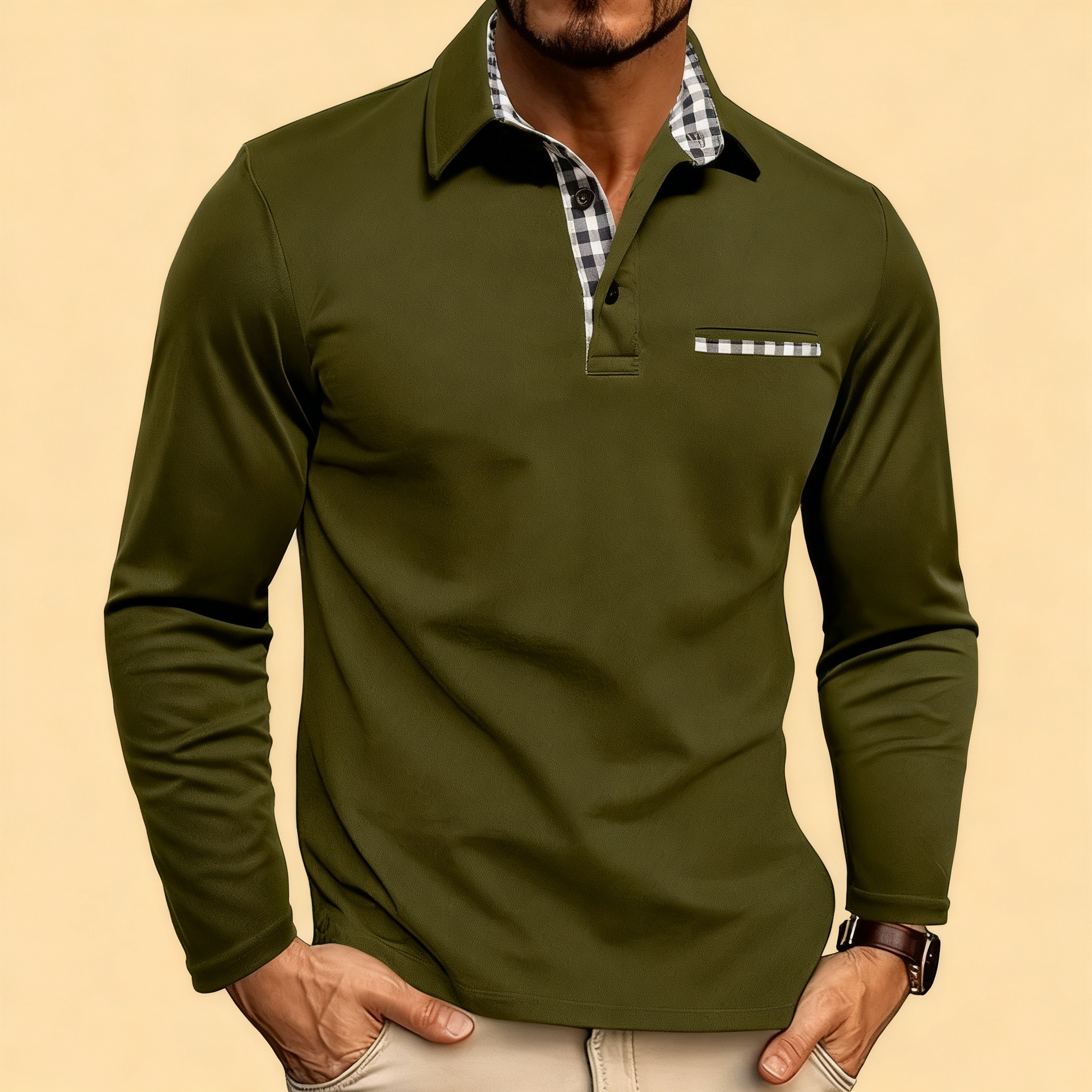 Men’s Long-Sleeve Polo Shirt – Smart Collar with Check Detail | Timeless Casual Elegance