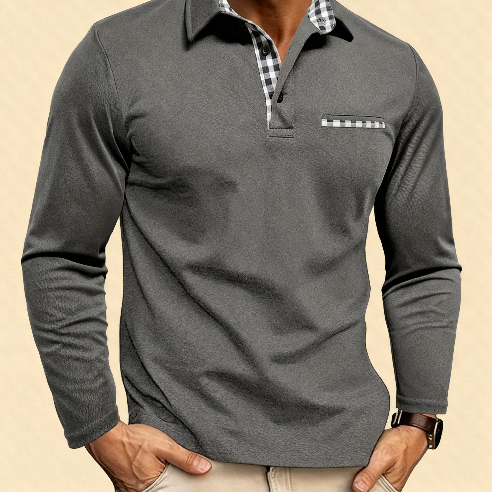 Men’s Long-Sleeve Polo Shirt – Smart Collar with Check Detail | Timeless Casual Elegance
