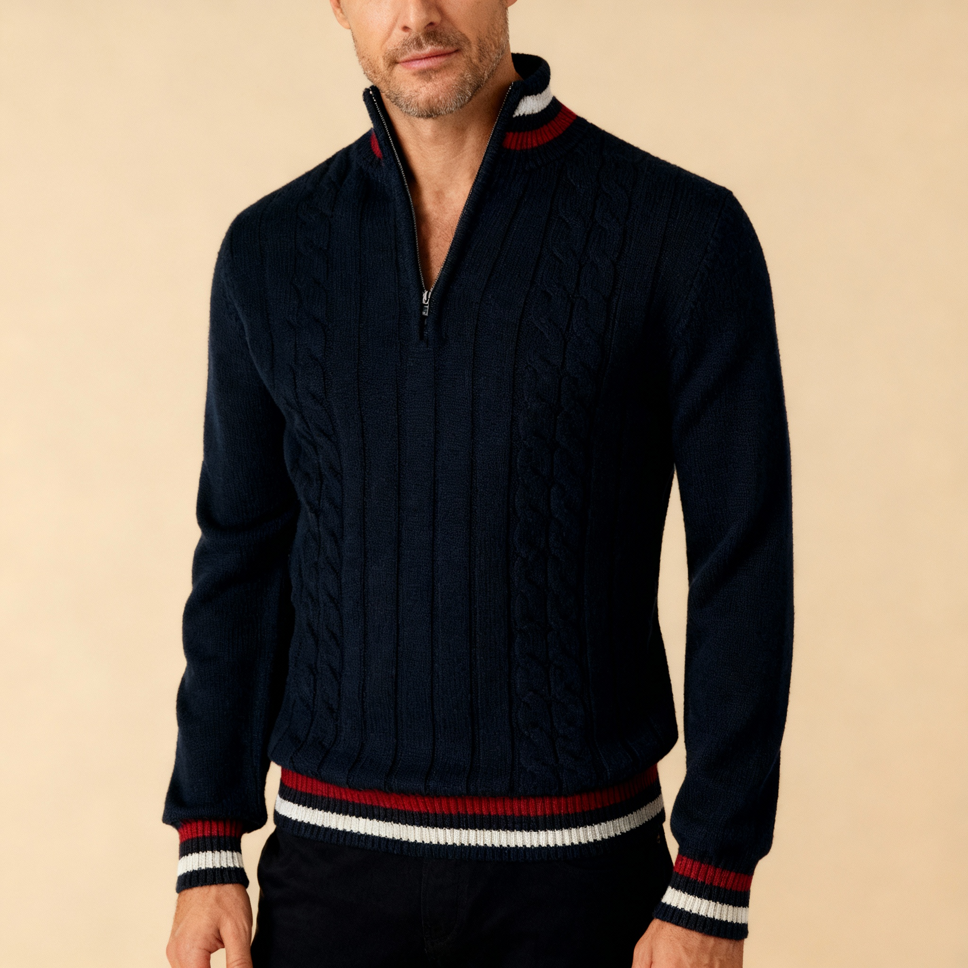 Valmoro Men Premium Stripe Luxe Half Zip Sweater