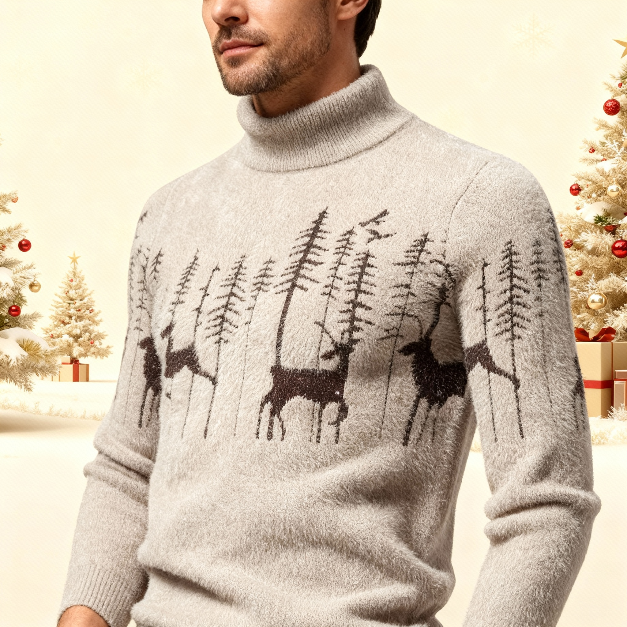 Men’s Slim-Fit Stretch Knit Christmas Sweater – Deer Pattern