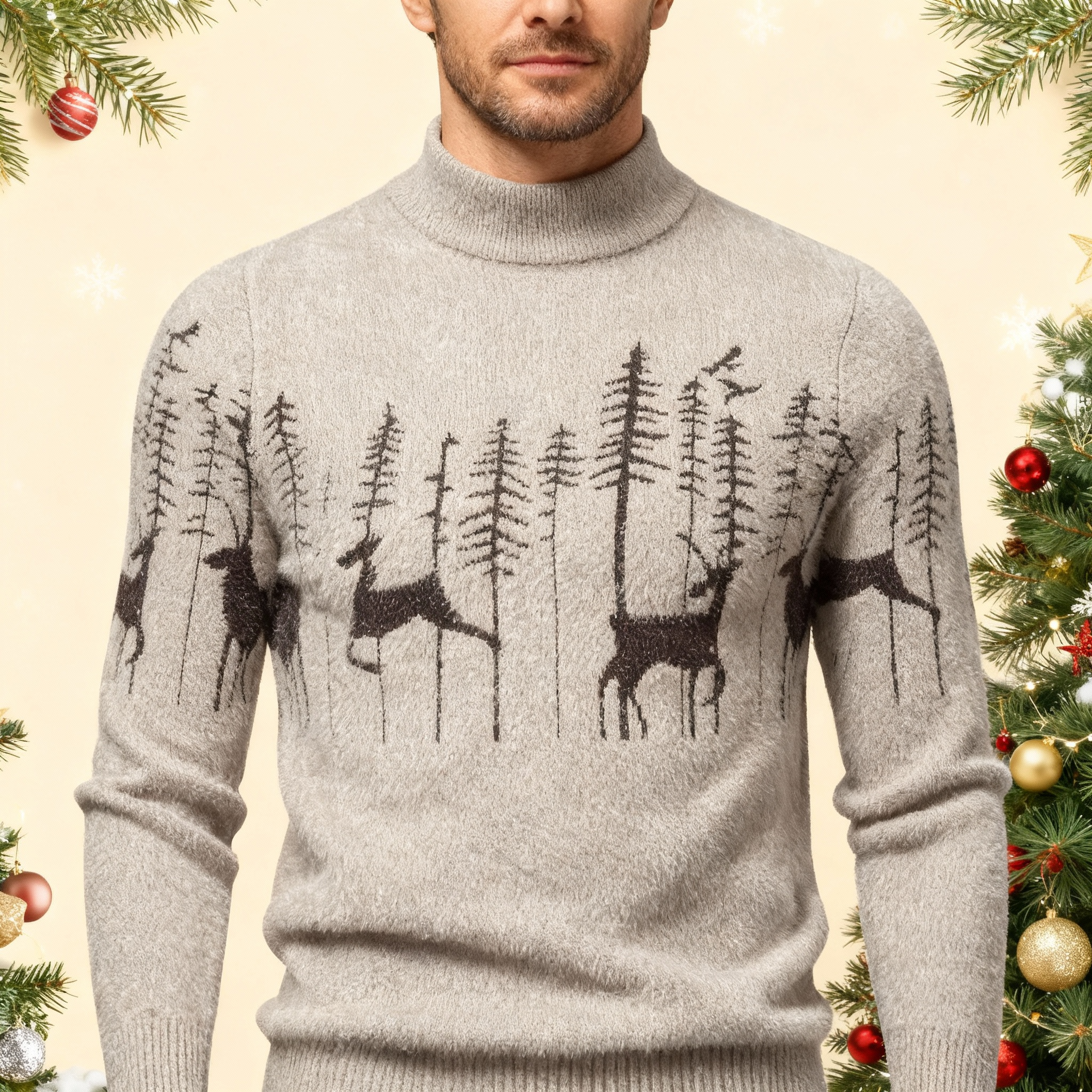 Men’s Slim-Fit Stretch Knit Christmas Sweater – Deer Pattern