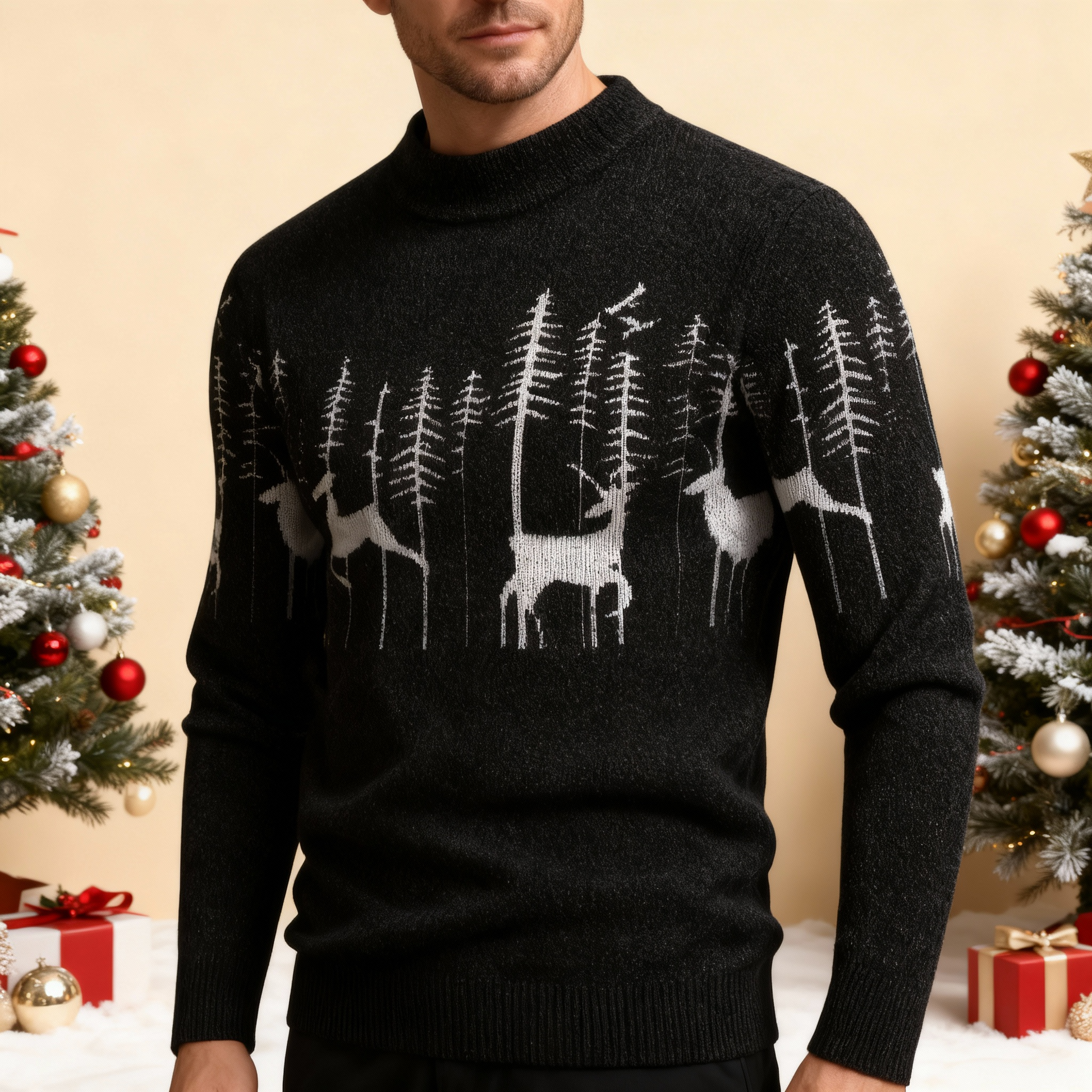 Men’s Slim-Fit Stretch Knit Christmas Sweater – Deer Pattern