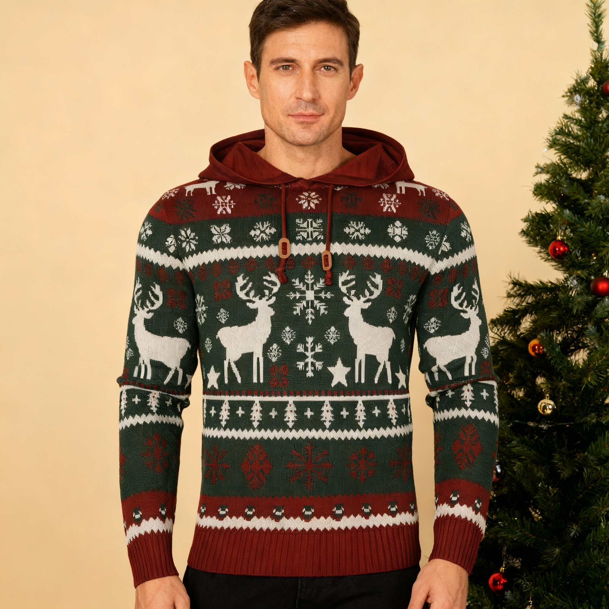 Men's Christmas Sweater Hoodie with Reindeer, Snowflake & Star Patterns - Hooded Pullover
