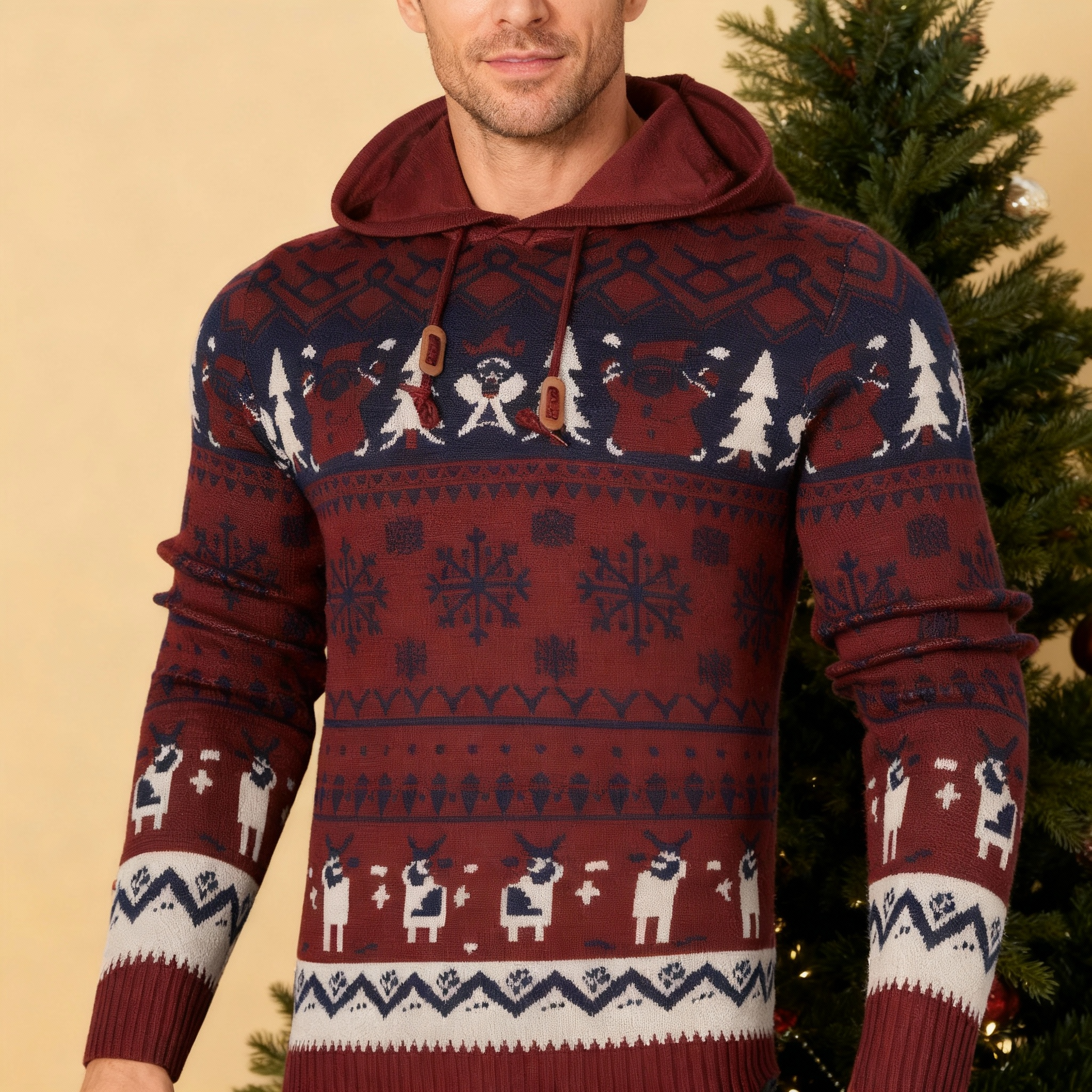 Men's Christmas Sweater Hoodie with Reindeer, Snowflake & Star Patterns - Hooded Pullover