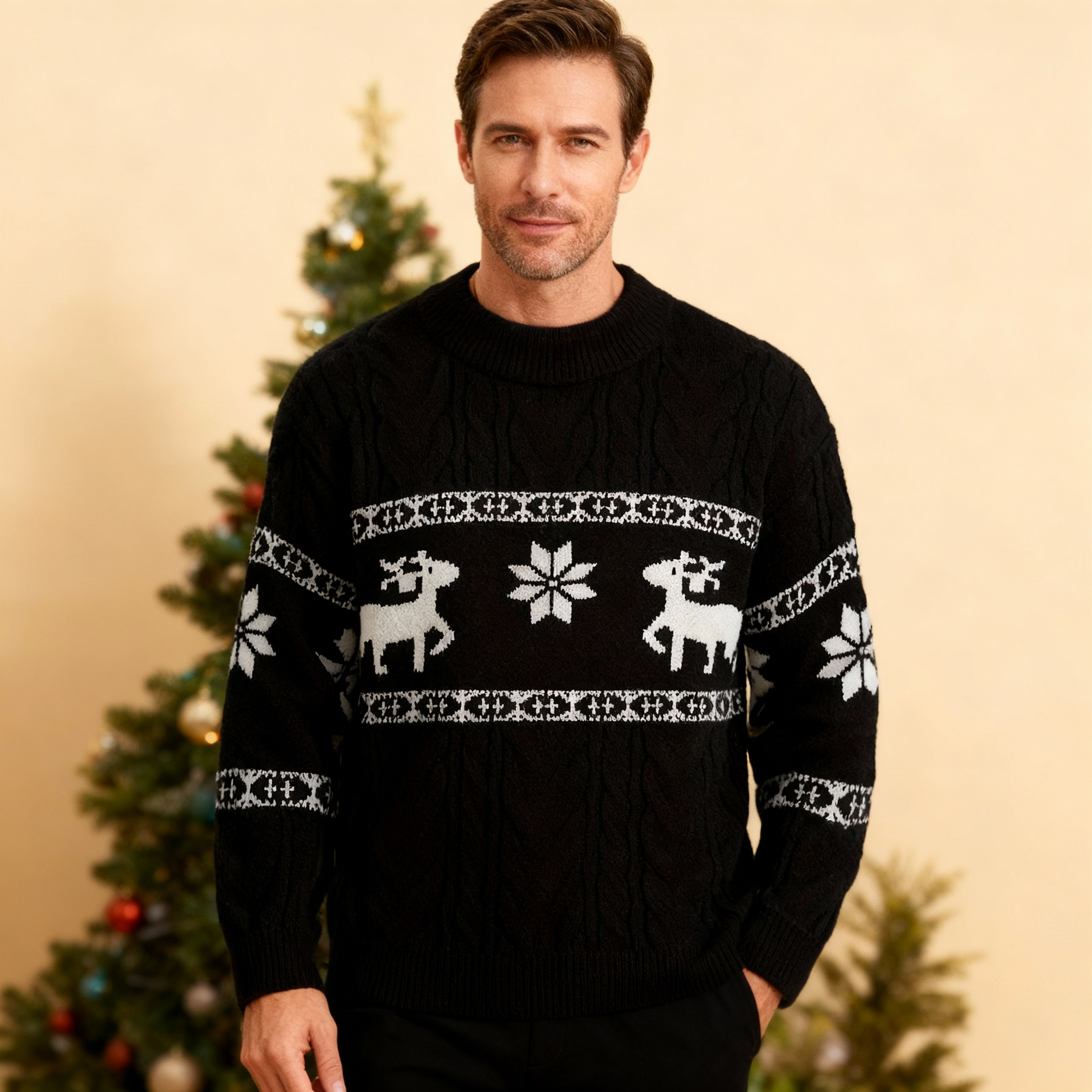 Men’s Christmas Sweater – Festive Reindeer Knit Pullover | Casual Crew Neck, Loose Fit