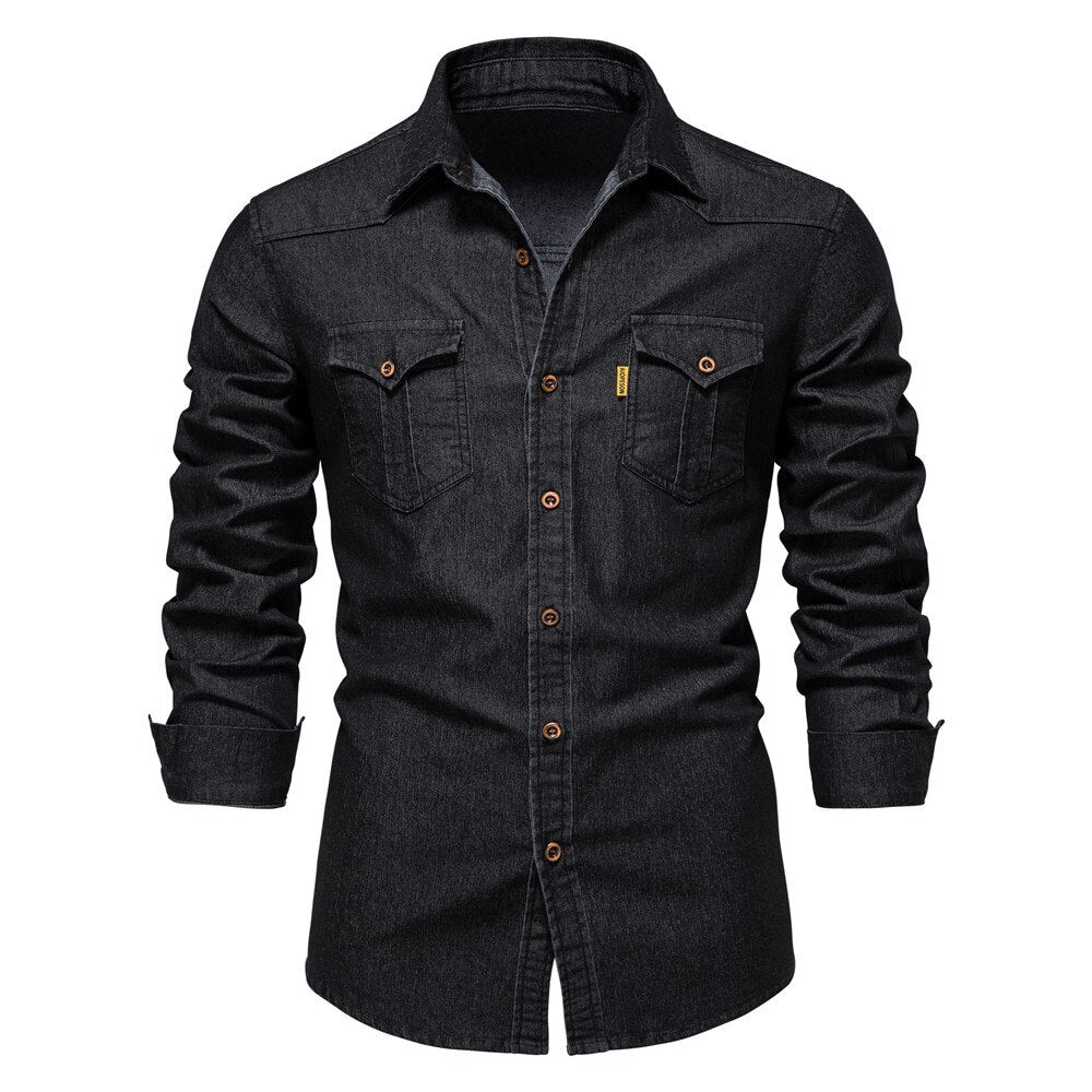 Men’s Stretch Cotton Denim Shirt – Casual Long-Sleeve Button-Up