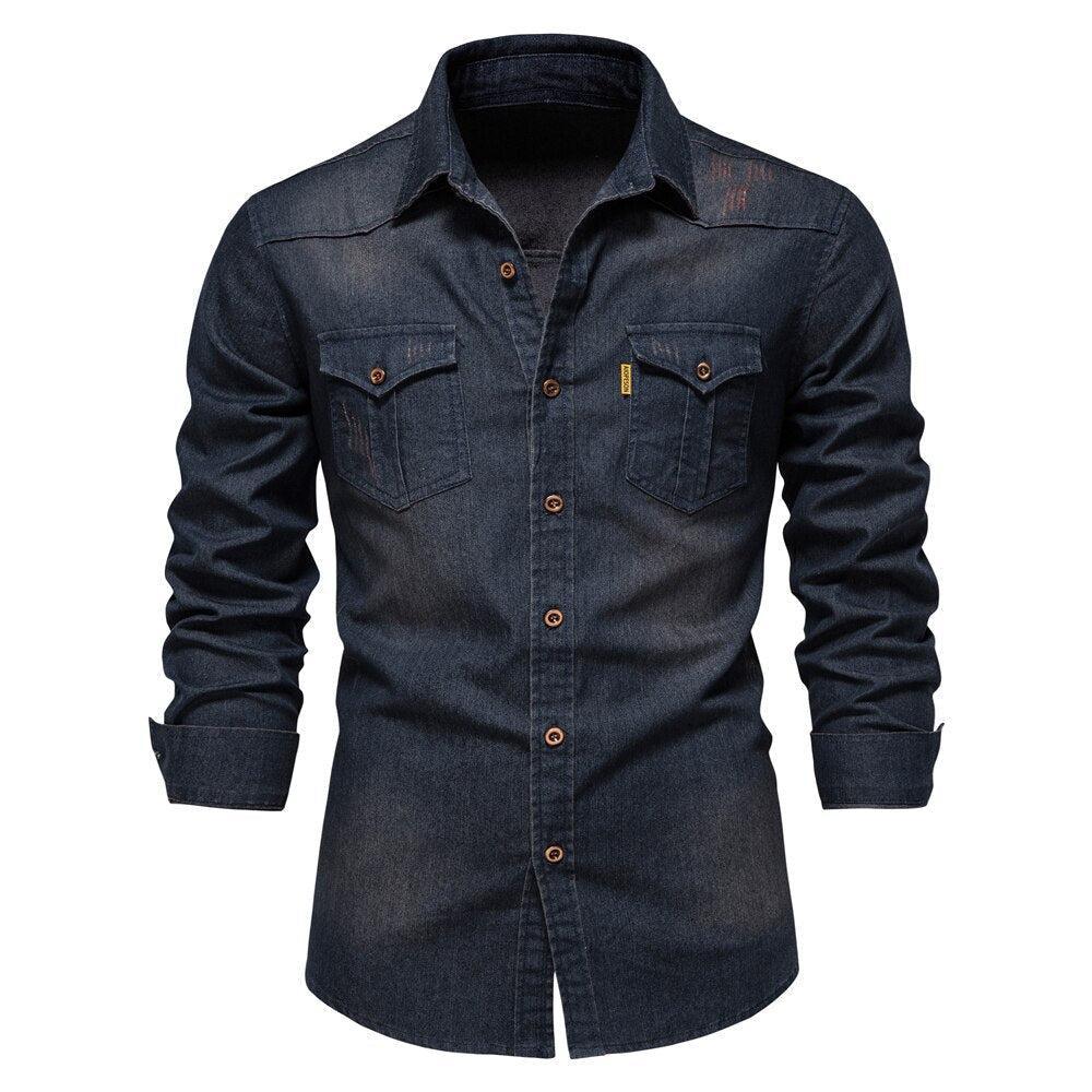 Men’s Stretch Cotton Denim Shirt – Casual Long-Sleeve Button-Up